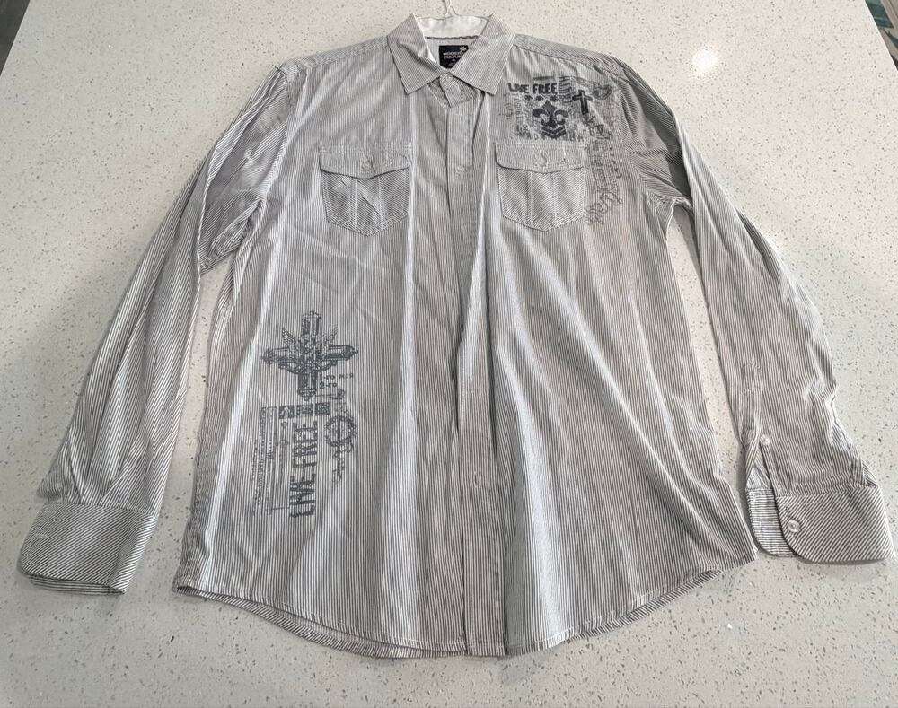 Modern Culture Men's Graphic Long Sleeve Button Up Check White Dress Shirt Sz XL